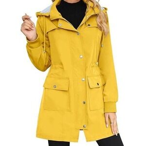 BLOGGERLOVE Women's Medium Yellow Rain Jacket Removable Hood Parka Coat Pockets